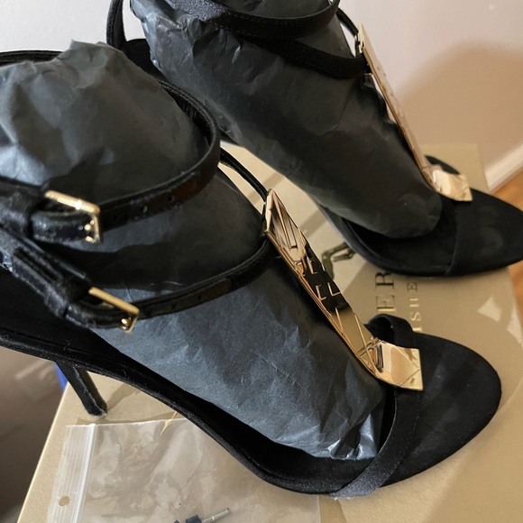 Black Satin with Gold signature hardware sandal heel - Picture 15 of 15